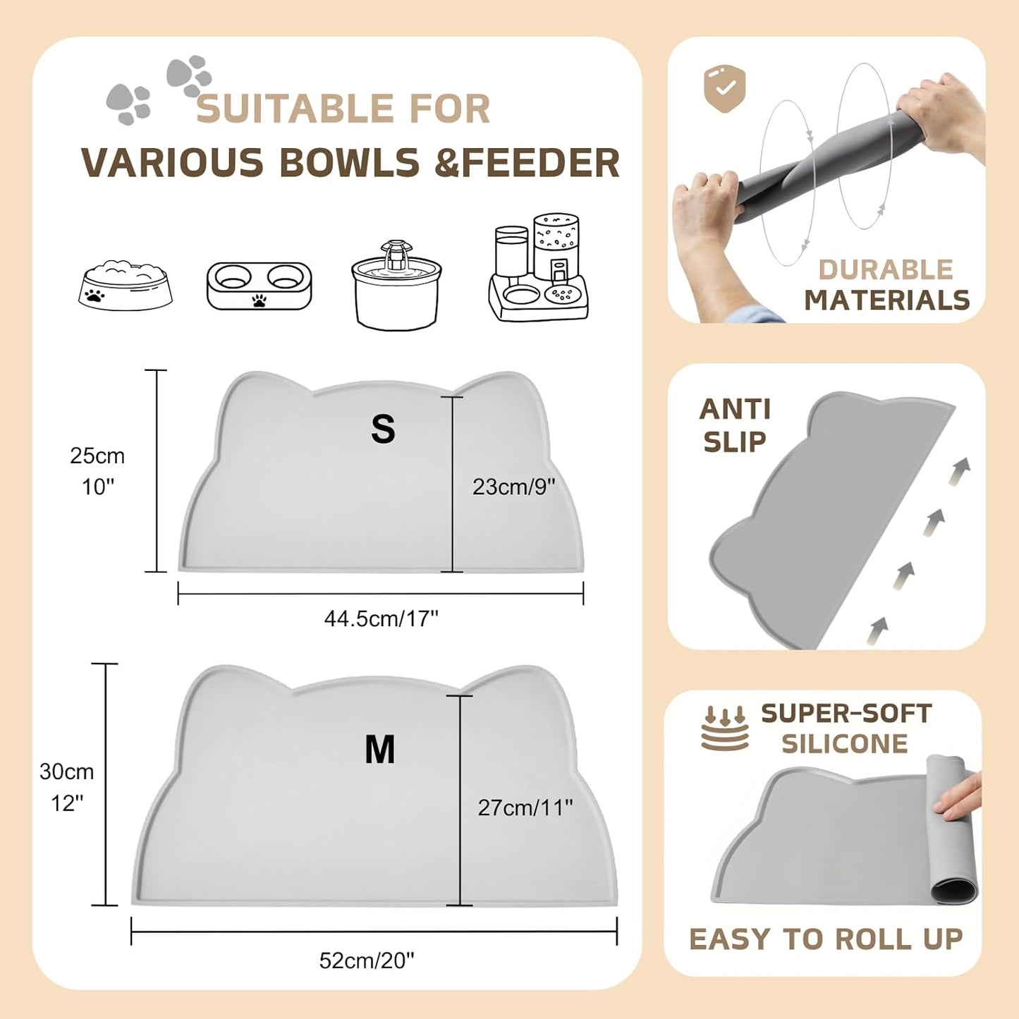 Cat Food Mat, Silicone Pet Feeding Mat for Floor Non-Slip Waterproof Dog Water Bowl Tray Cushion (20" x 12", Dark Gray)