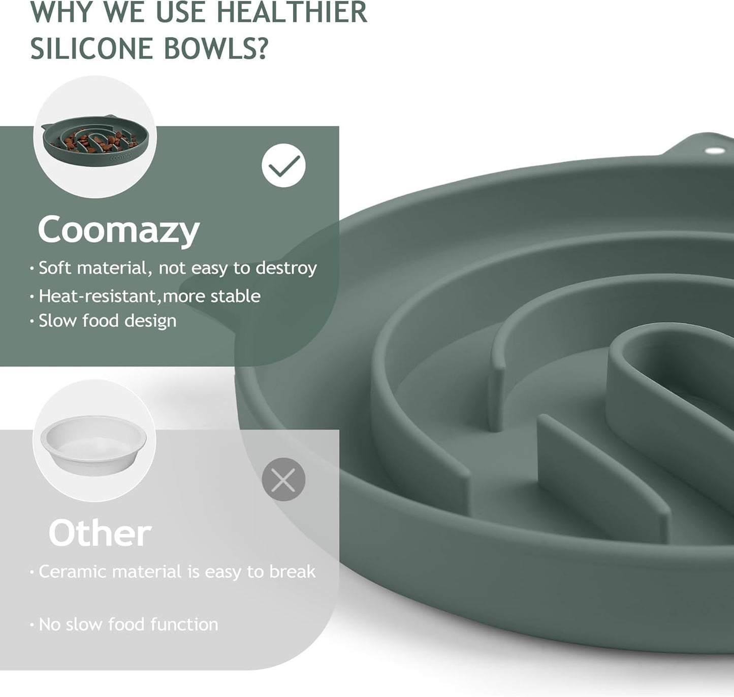 Coomazy Silicone Slow Feeder Dog Cat Bowls, Interactive Puzzle Toy for Pets Food Training, Keeps Dogs Cats Busy, Prevents Puppy Kitty Overeating (Dark Green, 1.4Cup)
