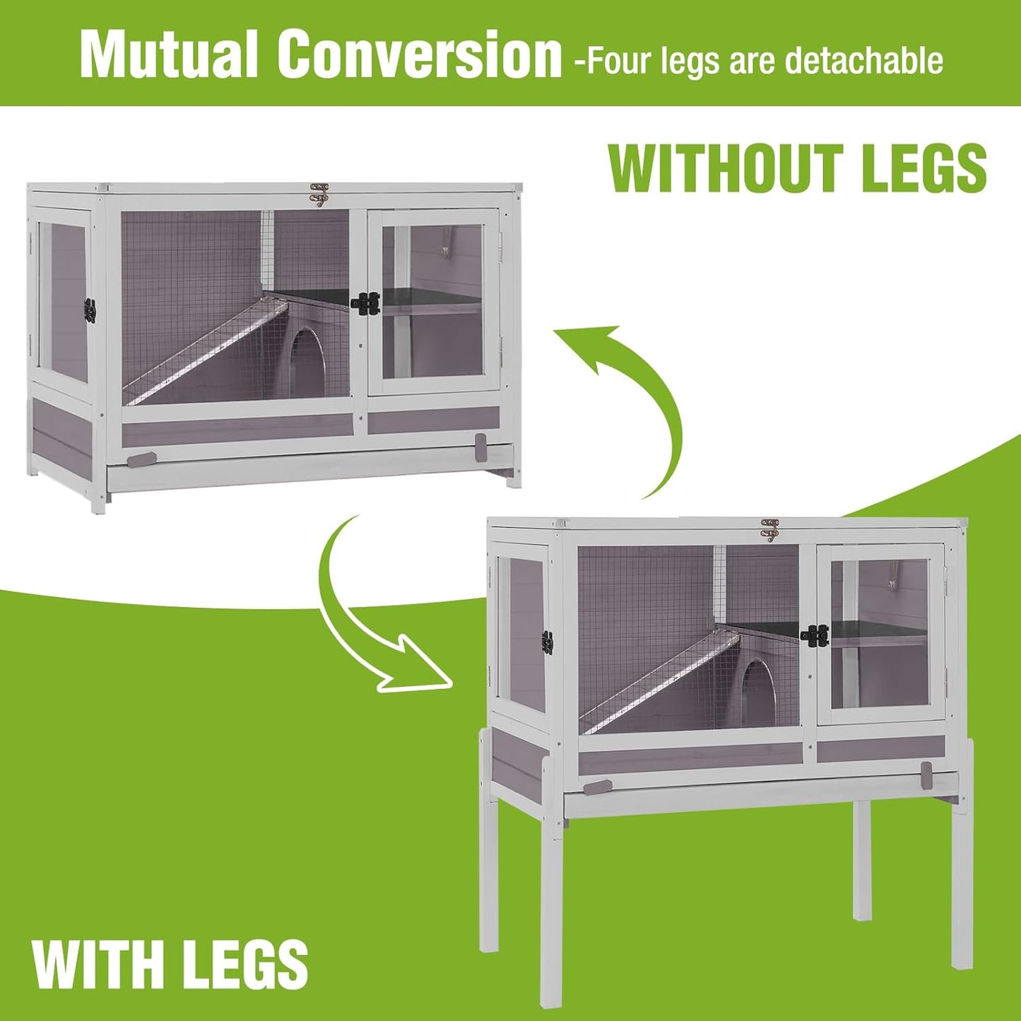 GUTINNEEN Rabbit Hutch Guinea Pig Cages Indoor with Stand Wooden Small Animals Cage Hutch Hamster Cage with Hideout,Pull Out Tray, Anti Chew Ramp (Grey)