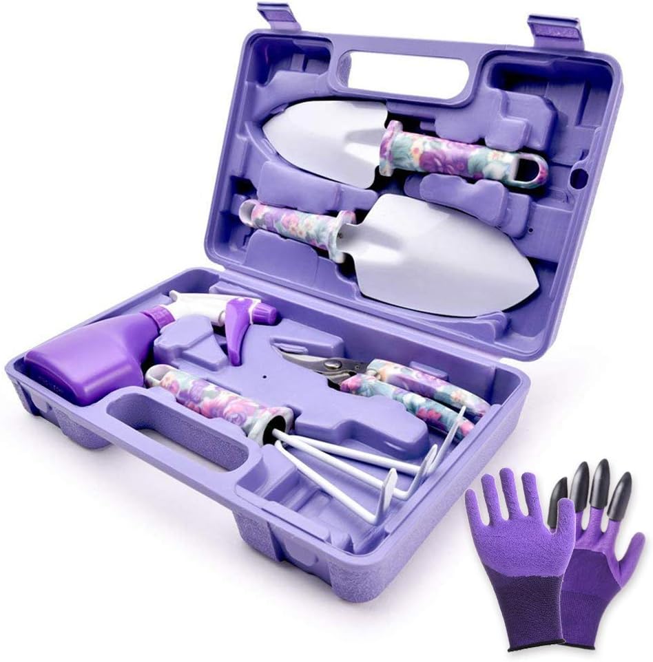 6 Pieces Garden Tools Set Planting Tools, Non-Slip Handle with Anti-Rust Trowel, Cultivator, Pruning Shear, Water Sprayer and Carrying Case, Gloves with Claws
