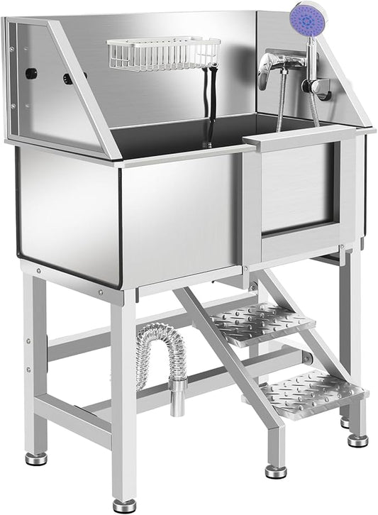 Professional Stainless Steel Dog Grooming Bathtub Station Wash Shower Sink with Faucet Walk-in Ramp and Accessories Pet Grooming Bathtub Station,34" R-RAMP