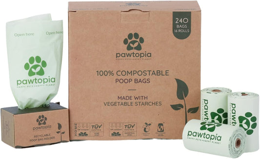 Pawtria Certified Home Compostable Dog Poop Bags (240) + Kraft Paper Dispenser, Biodegradable Poop Bags, Cat Litter, Vegetable Starches, Leak proof Dog Waste Bags, Easy to Open