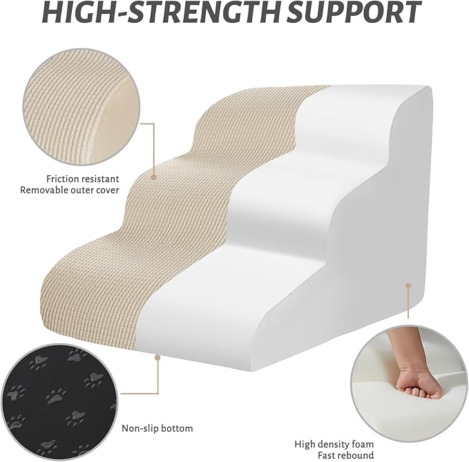 3-Step Dog Ramp and Stairs for Sofa and Chair - Non-Slip Sturdy Pet Steps for Small Dogs and Cats,15.7" H,Beige