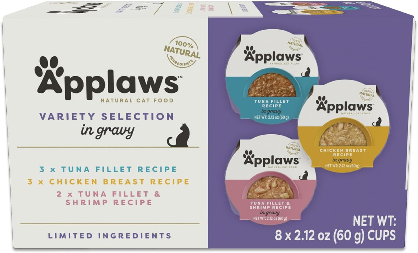 Applaws Natural Wet Cat Food, Limited Ingredient, Grain-Free, Protein with No Artificial Additives, Variety Pack in Gravy (8X 2.12 oz Easy-Open Cups)