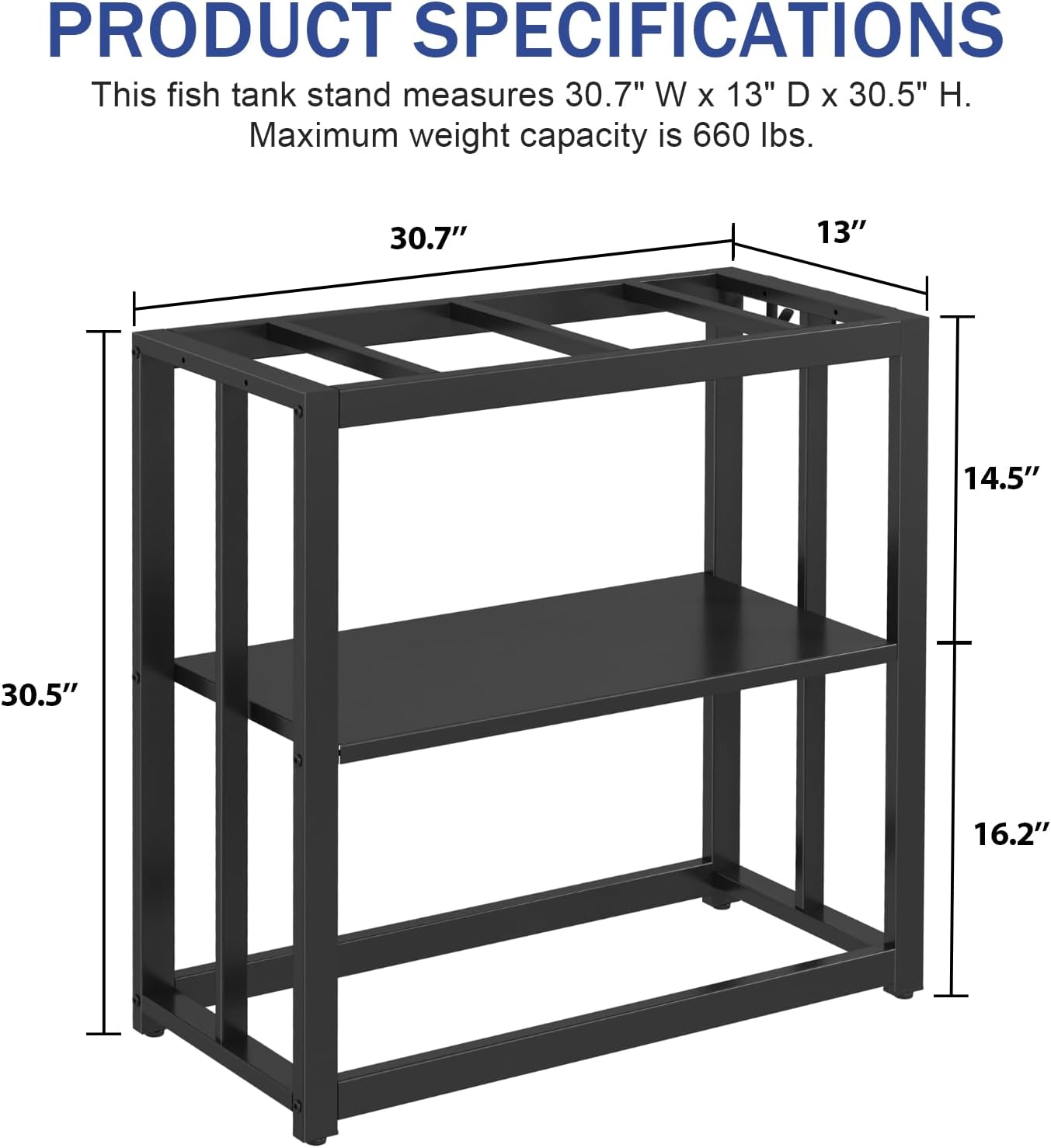 30.7" W x 13" Inch for 20-29 Gallon Long Fish Tank Stand With Storage Shelf, Aquarium Stand With Hooks,Heavy Duty Metal Turtle Reptile Tank Stand, Easy Assemble