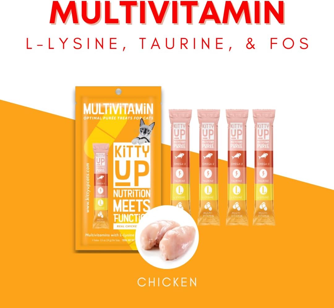 Lickable Cat Treat Pouches for Indoor Cats - All Natural Chicken Puree Tube Treats, Kitten and Senior Soft Wet Cat Treats - Grain Free, Lysine, Taurine; 12 Tubes .05 oz ea.