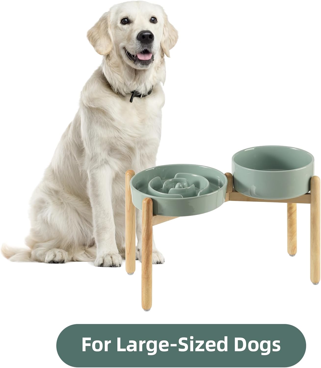 Ceramic Raised Slow Feeder Dog Bowl Set, Elevated 8.2inch Bowl and 9.5inch Puzzle Slow Food Dish with Wooden Stand for Large Dog, Anti-Gulping (2X Light Green+ Stand)
