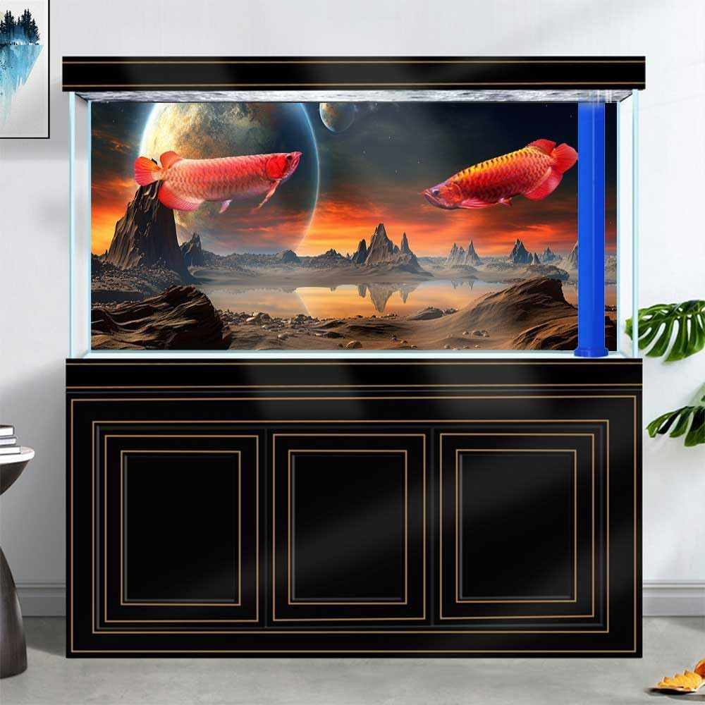 24X12IN Cosmic Aquarium Background, Cool Parallel Space Themed Fish Tank Background, Tropical Desert Terrarium Background with 8 EVA Double-Sided Tape