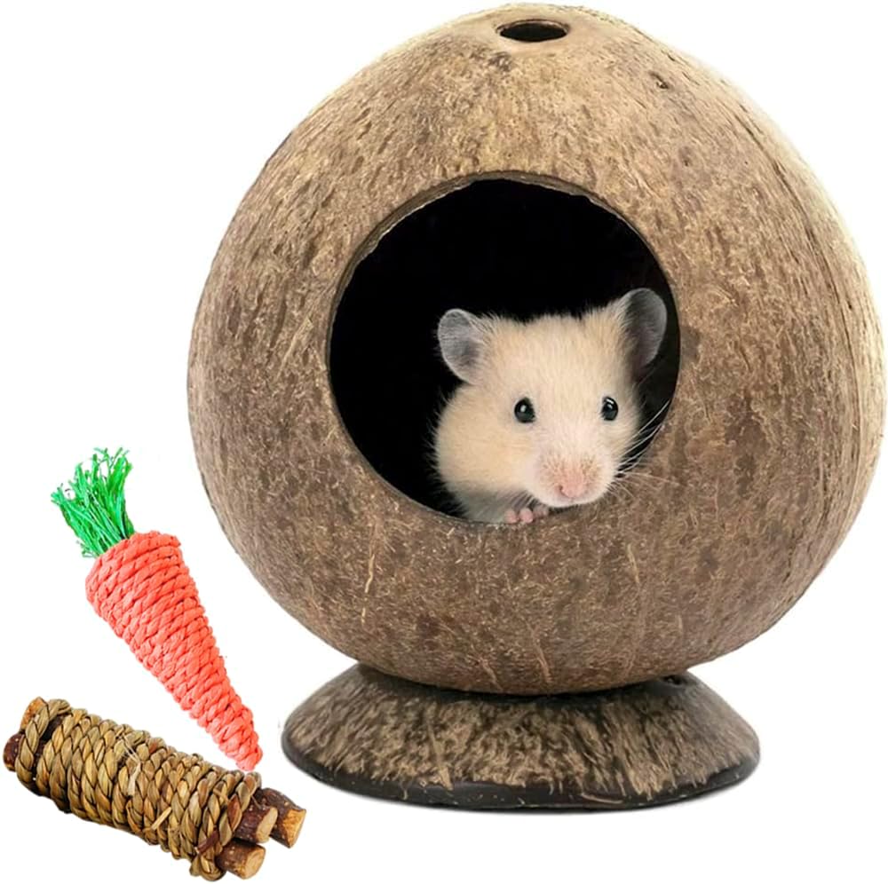 Coconut Hamster Hideout Hamster House Gerbil Cage for Small Animals with a Bundle of Apple Sticks a Carrot (Brown)
