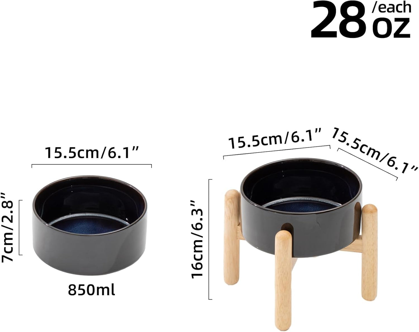 Ceramic 6.1inch Raised Dog Bowl with Stand for Small and Medium Dog Dish Pet Food and Water Bowl (Single Bowl with Stand - Starry Sky)