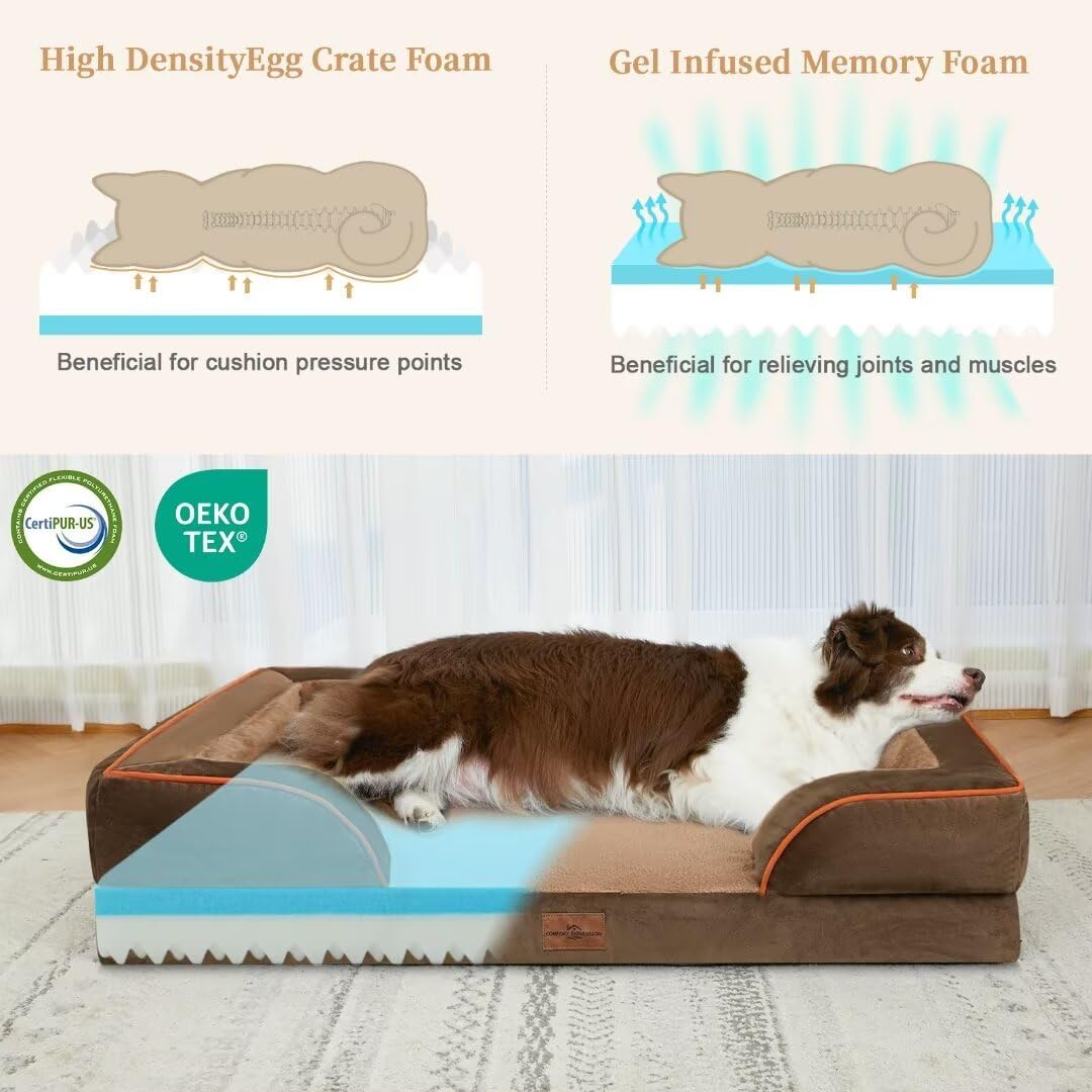 Comfort Expression Dog Bed for Extra Large Dogs, Orthopedic Memory Foam Dogs Beds, XL Dog Bed with Removable Cover, Waterproof Pet Beds Large with Bolster(X-Large,Khaki Brown)
