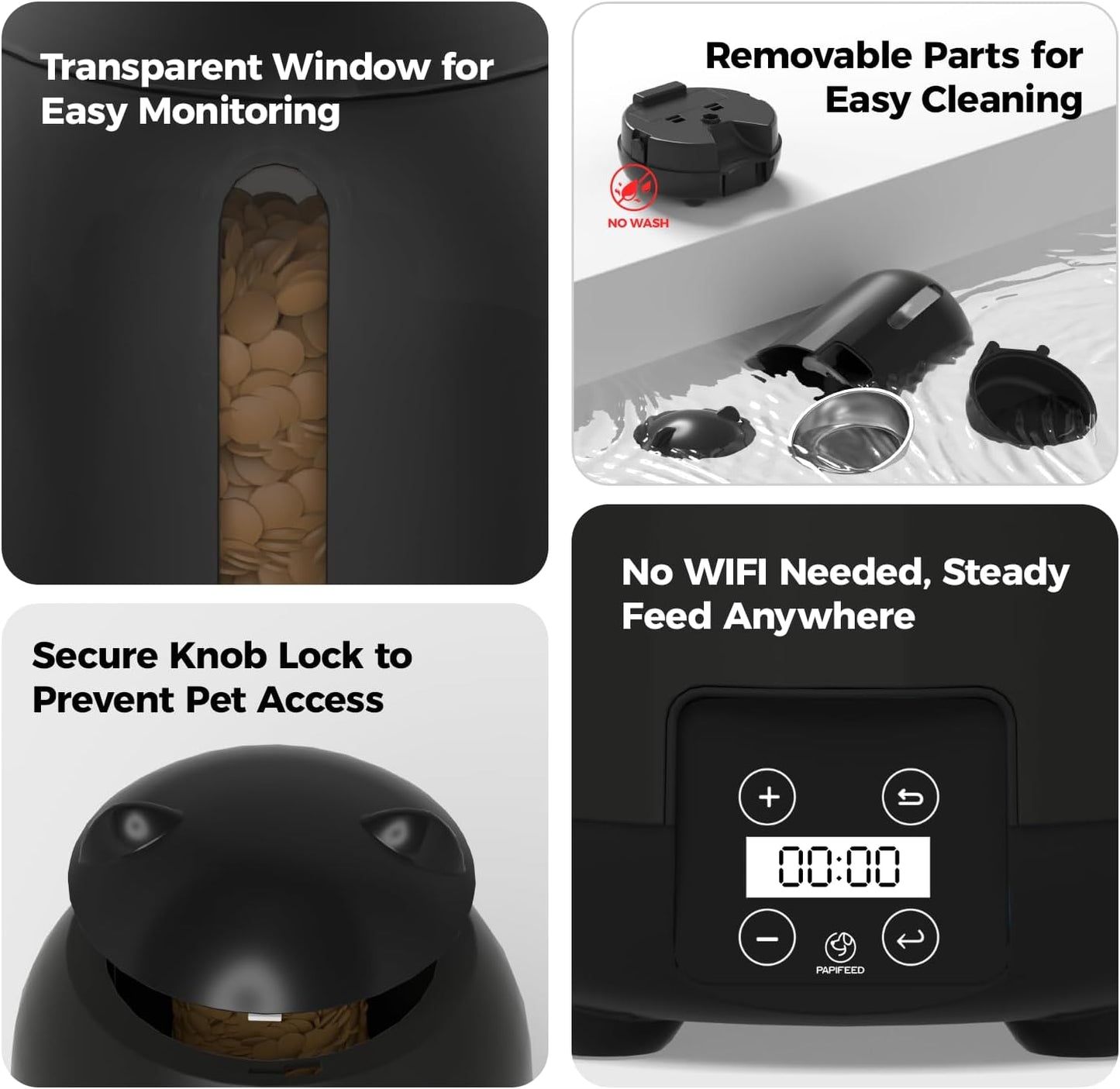 PAPIFEED Automatic Cat Feeder, 3L Timed Cats Food Dispenser with Dual Power Supply, Auto Pet Feeder with Programmable Portion Control for Cats and Small Dogs, Black