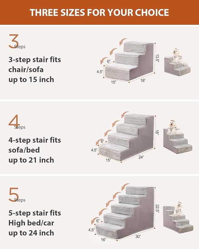 Dog Stairs for Small Dogs,22" H,5-Step Dog Steps for High Bed Couch and Sofa,Pet Stairs for Dogs and Cats Climbing with Non-Slip Bottom and Washable Cover,Grey