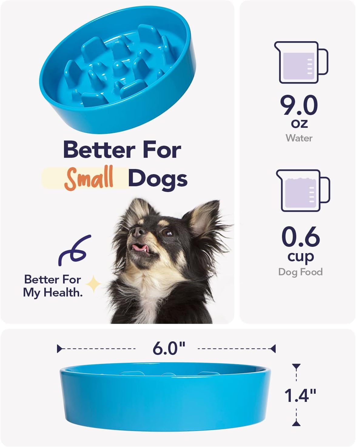 LE TAUCI Ceramic Slow Feeder Dog Bowls Small Breed, 0.6 Cups Dog Food Dish for Fast Eaters, Puzzle Bowl for Small Dogs and Cats,Vortex Blue
