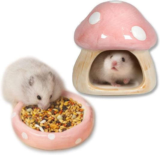 Ceramic Mushroom Guinea Pig House Hamster Hide Bed Includes Hamsters Food Bowl Guinea Pig Hideout for Hamster Chinchilla Hedgehog Rat Small Animals(Pink Mushroom Set)