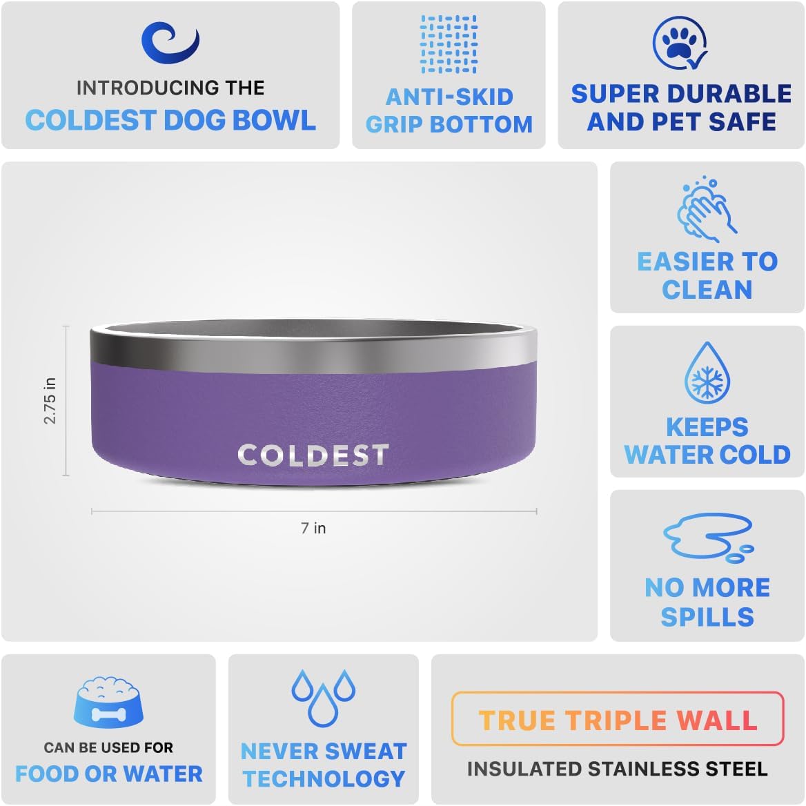 Coldest Dog Bowl - Anti Rust Metal, Non Slip, 3 Layers Insulated Stainless Steel Dog Bowls - Spill Proof & Heavy Duty - Water Bowl for Dogs, Cats & Pets, Dish Washer Safe (42 oz, Galaxy Purple)