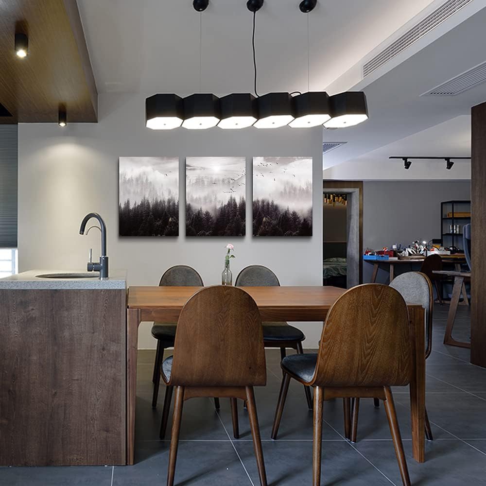 Large Size Canvas Wall Art For Living Room Boho Wall Decor For Bedroom Wall Decorations For Office Foggy Forest Trees Wall Paintings Scenery Wall Pictures Artwork Home Decoration 20" X 28" 3 Piece