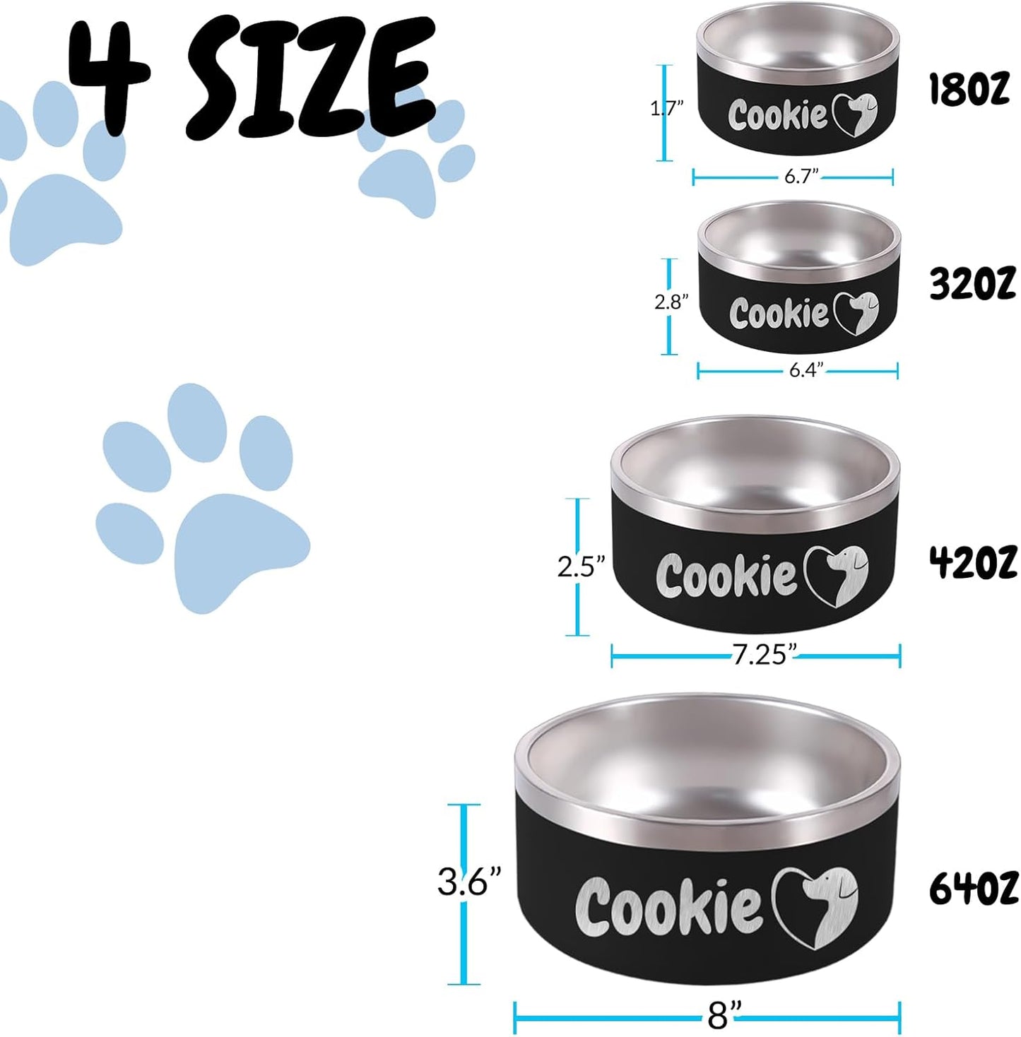 42OZ Personalized Dog Bowl Laser Engraved Custom Pet Name 18/32/42/64 oz No Slip Stainless Steel Insulated Bite-Resistant Food Water Dishes-Light Blue