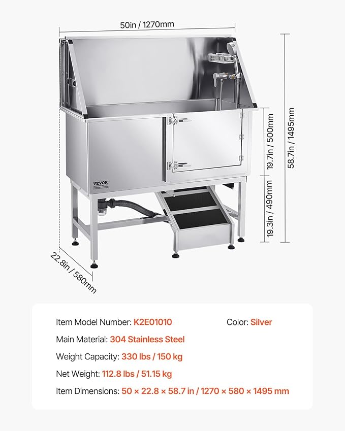 VEVOR Stainless Steel Dog Washing Station, 50 inch Pet Grooming Tub w/Ramp, PE Water Filter Board, Faucet & Showerhead & Soap Holder Dog Bathtub for Large & Medium & Small Pets (Right Door)