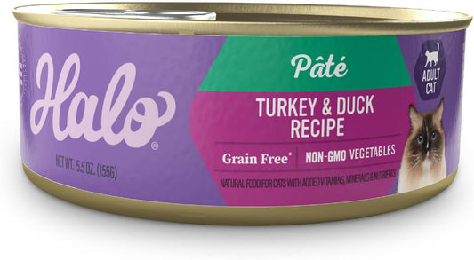 Halo Wet Cat Food Turkey & Duck Recipe, Grain Free Wet Cat Pate, Canned Cat Food for Extra Hydration, 5.5 Oz Can (Pack of 12)