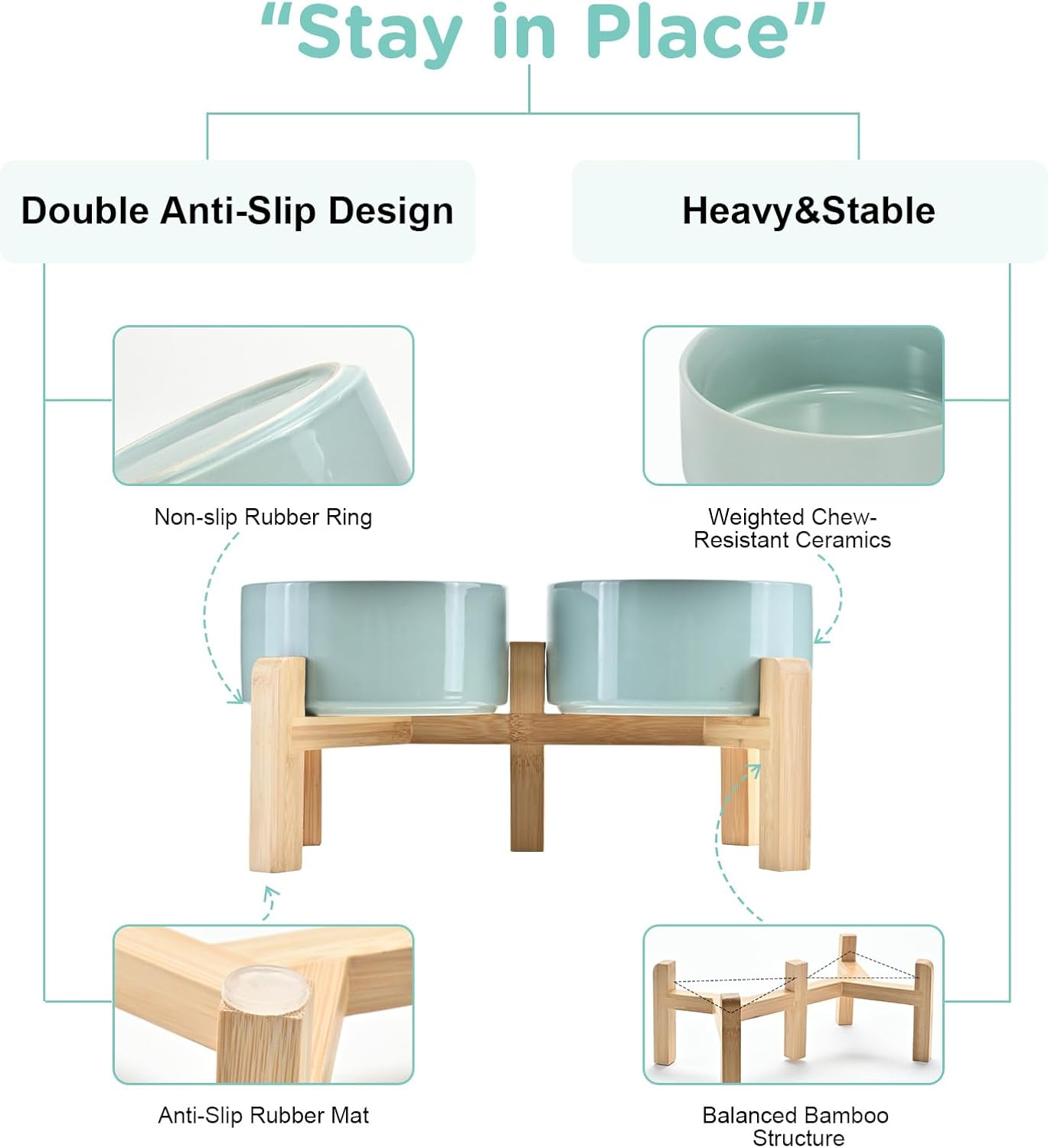 SPUNKYJUNKY Elevated Dog Bowls Ceramic, 6.1'' Dogs and Cat Food Water Bowls Raised with Non-Slip Bamboo Stand for Medium Sized Breed Microwave Dishwasher Safe - 28.7 OZ,Light Green