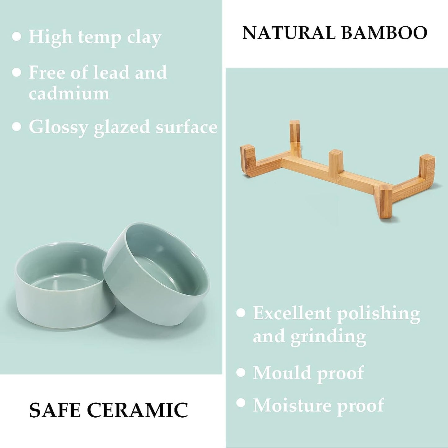 SPUNKYJUNKY Ceramic Dog and Cat Bowl Set with Wooden Stand, Modern Cute Weighted Food Water Set for Small Size Dogs (13.5OZ) & Medium Sized Dogs (28.7OZ) & Cats (3.6 Cups, 2 × Morandi Green)