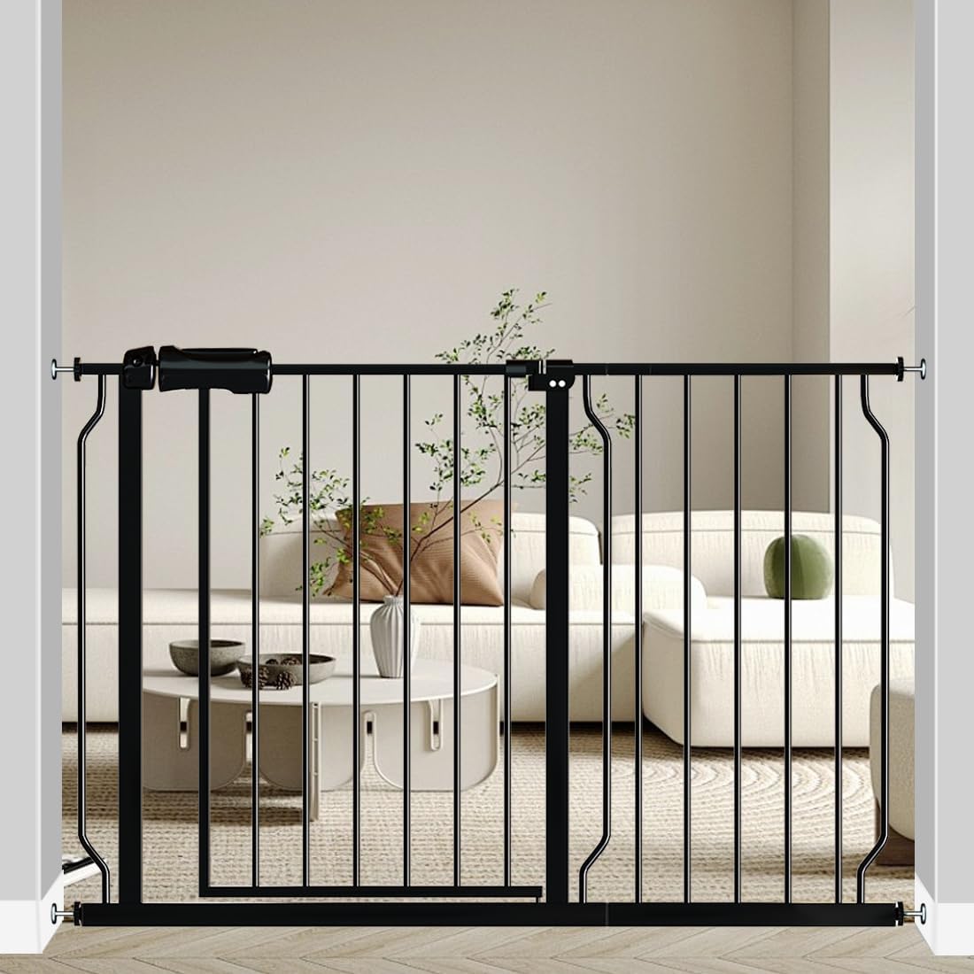Fairy Baby Walk Through Baby Gate 43.5-48 Inch Wide, Pressure Mounted Safety Gate with Door No Drill, Black Tension Metal Gate for Dog and Toddler