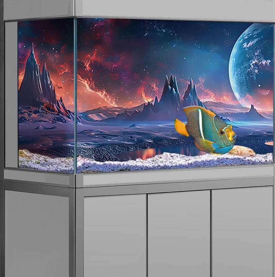 Scarlet Cosmic Aquarium Background,Cool Galaxy Parallel Space Themed Fish Tank Background, Tropical Desert Terrarium Background 72X24IN with 8 EVA Double-Sided Tape