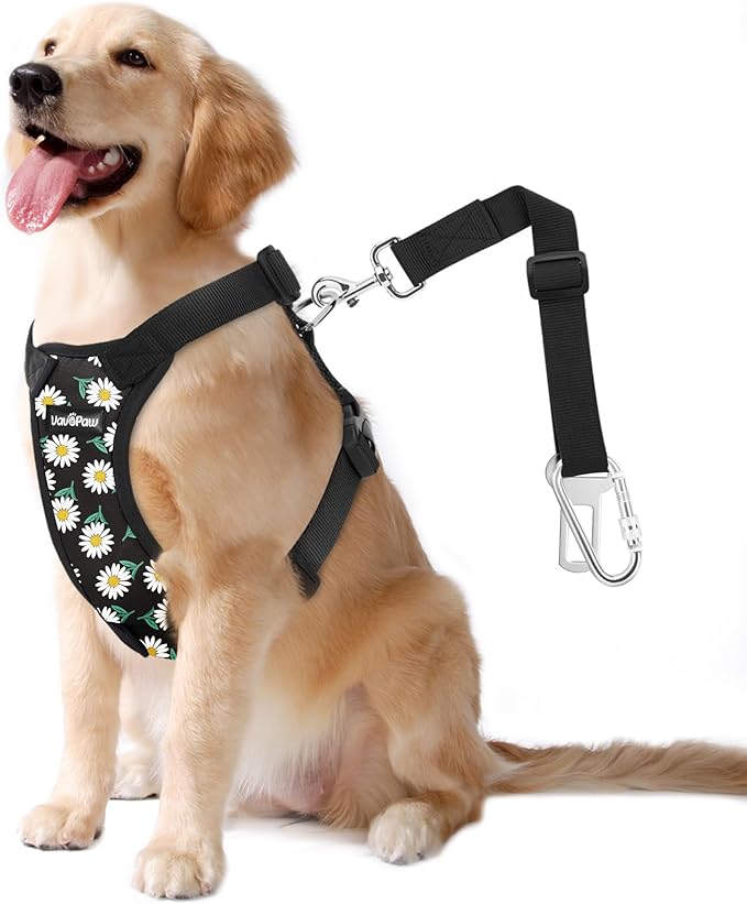 Dog Seat Belt, Safety Vest Dog Car Harness with Adjustable Buckle Dog Seat Belt for Vehicle Nylon Pet Safety Seat Belts Heavy Duty(XL, Black Daisy)