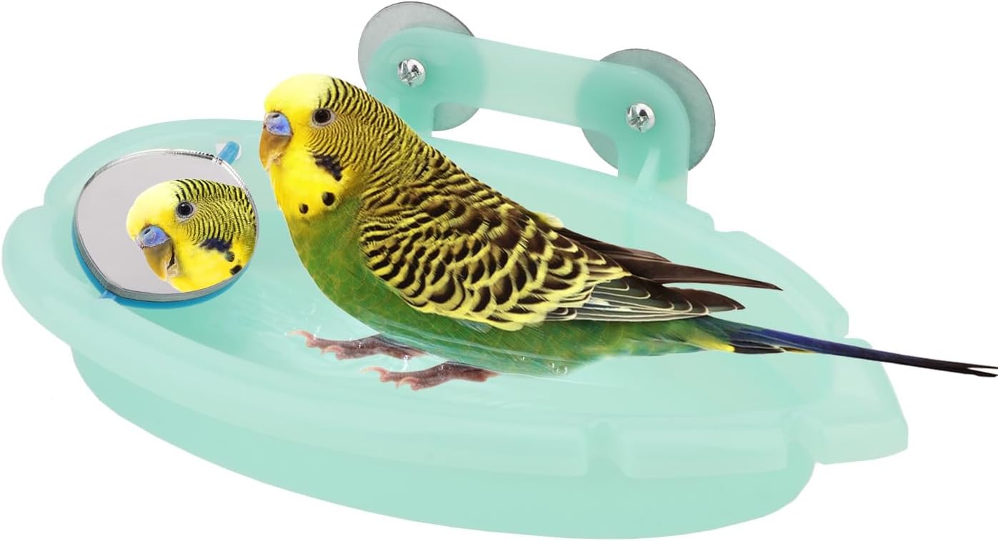 Wontee Bird Bath for Cage Portable Parrot Hanging Bathroom Bathing Tub with Mirror for Small Birds Parakeets Budgies Lovebirds Canaries Finches