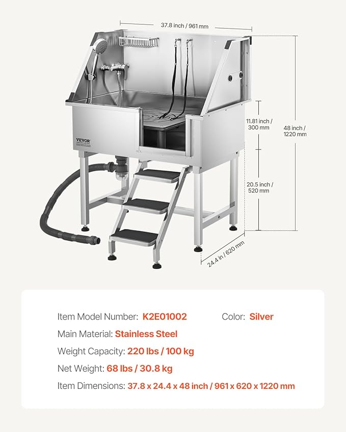 VEVOR Stainless Steel Dog Washing Station, 38 inch Pet Grooming Tub w/Storage Stairs, Faucet & Showerhead & Soap Holder Dog Bathtub for Medium & Small Pets (Right Door)