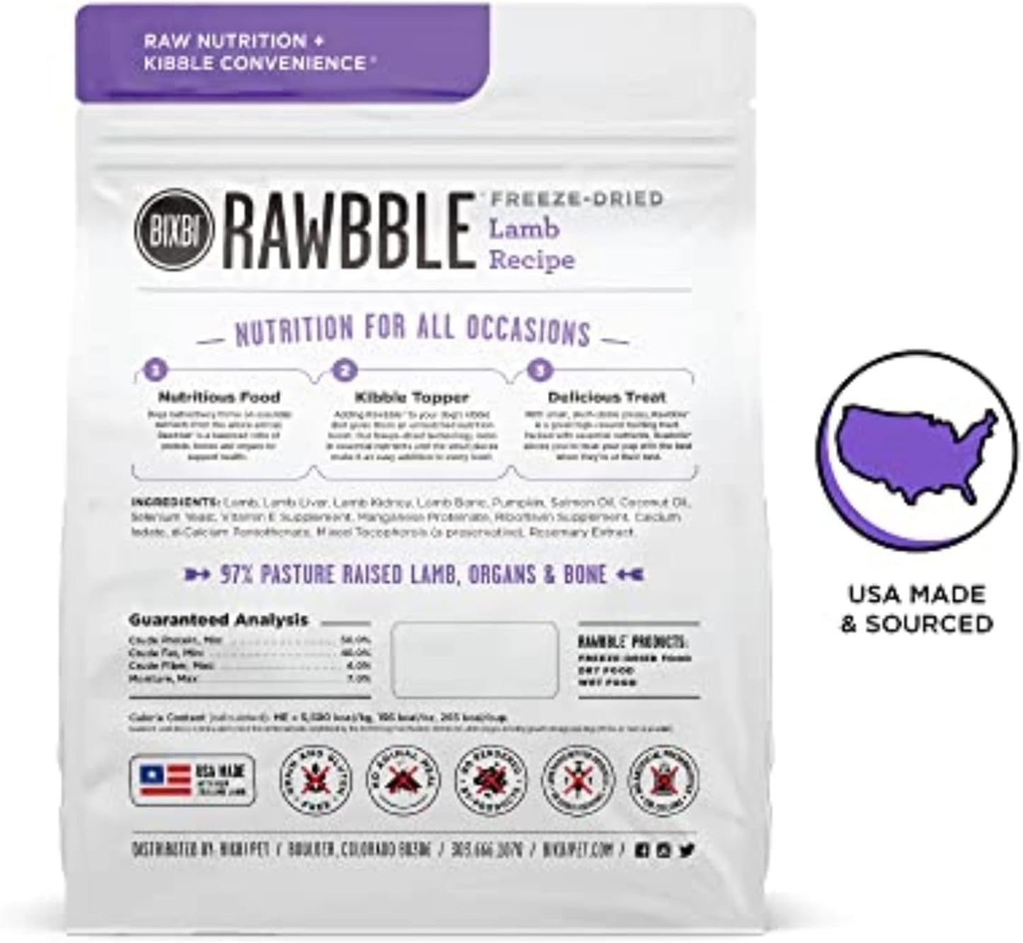 BIXBI Rawbble Freeze Dried Dog Food, Lamb Recipe, 12 oz - 97% Meat and Organs, No Fillers - Pantry-Friendly Raw Dog Food for Meal, Treat or Food Topper - USA Made in Small Batches