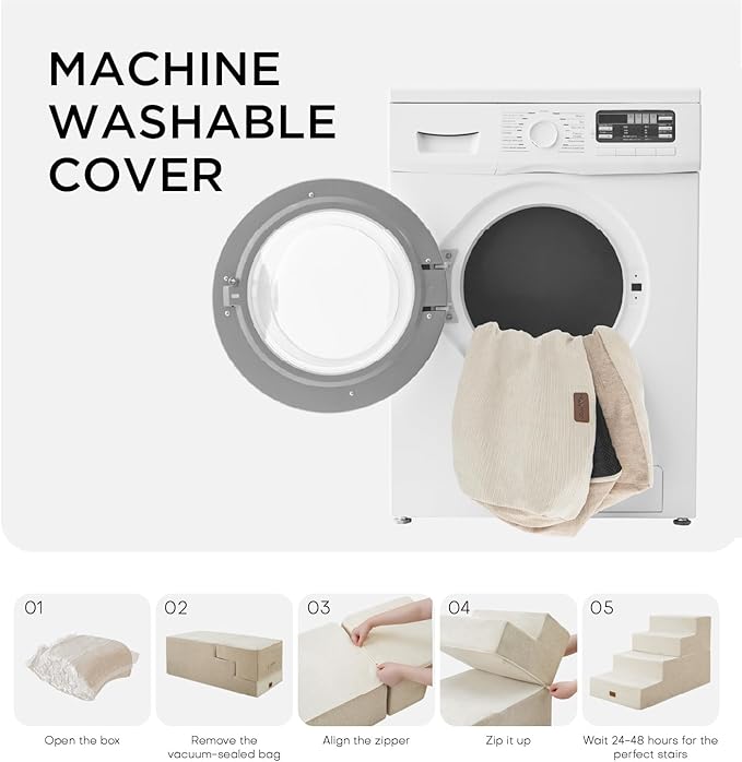 Made4Pets Dog Stairs for High Bed, Extra Wide Pet Stairs for Bed Couch Sofa, 35D Foam Pet Steps for Small Dogs and Cats, Non-Slip Bottom Dog Steps, Beige, 5 Steps