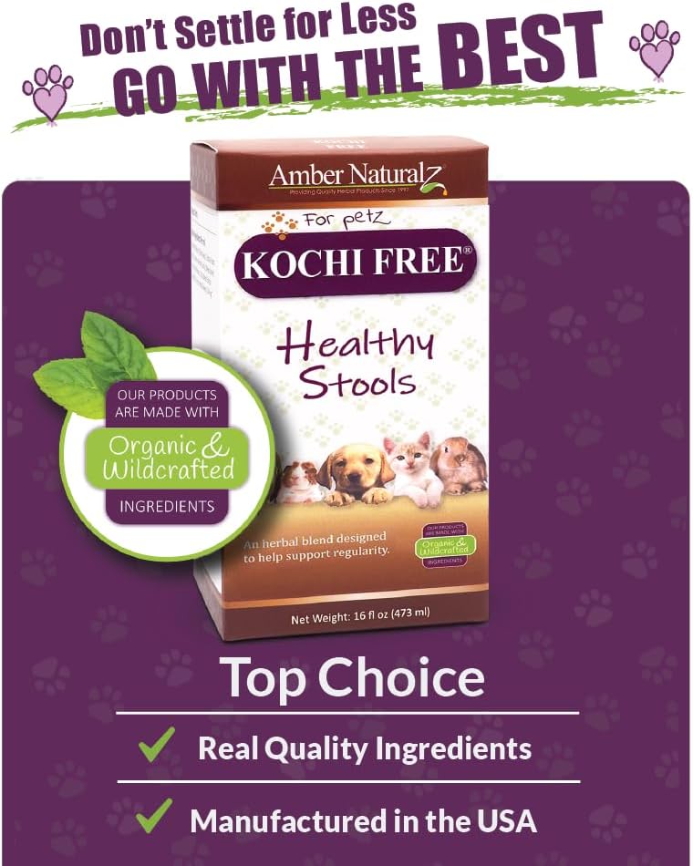 Amber NaturalZ Kochi Free Herbal Supplement for Dogs, Cats, Birds, Rabbits, and Guinea Pigs | Supports Healthy Bowel Function | Natural Aid for Digestive Balance | 16 Fluid Ounce Glass Bottle