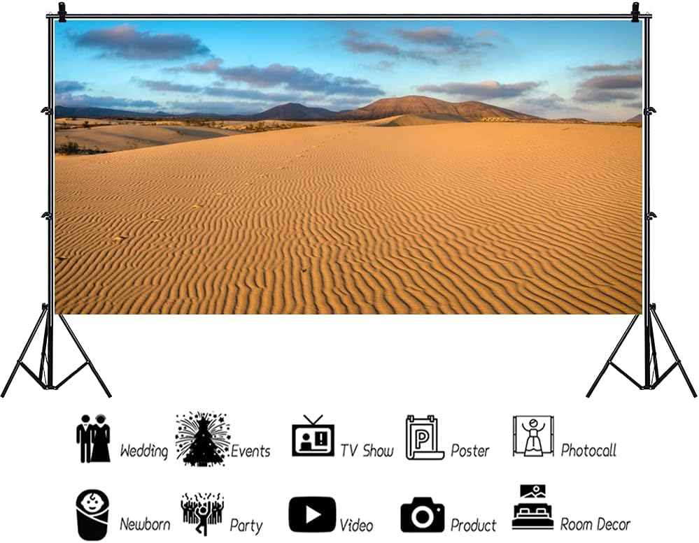 Renaiss 20x10ft Desert Photography Backdrop Golden Ripple Desert Mountain Sand Dunes Blue Sky Gobi Scenery Background Nature Landscape Backgrounds Wilderness Photo Video Shoot Studio Props