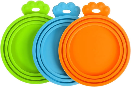 PetBonus 3 Pack Silicone Pet Can Cover Lids, Universal Size for Dog Cat Food, 1 fit 3 Standard Size Can Tops, BPA Free Dishwasher Safe (Blue, Green, Orange)