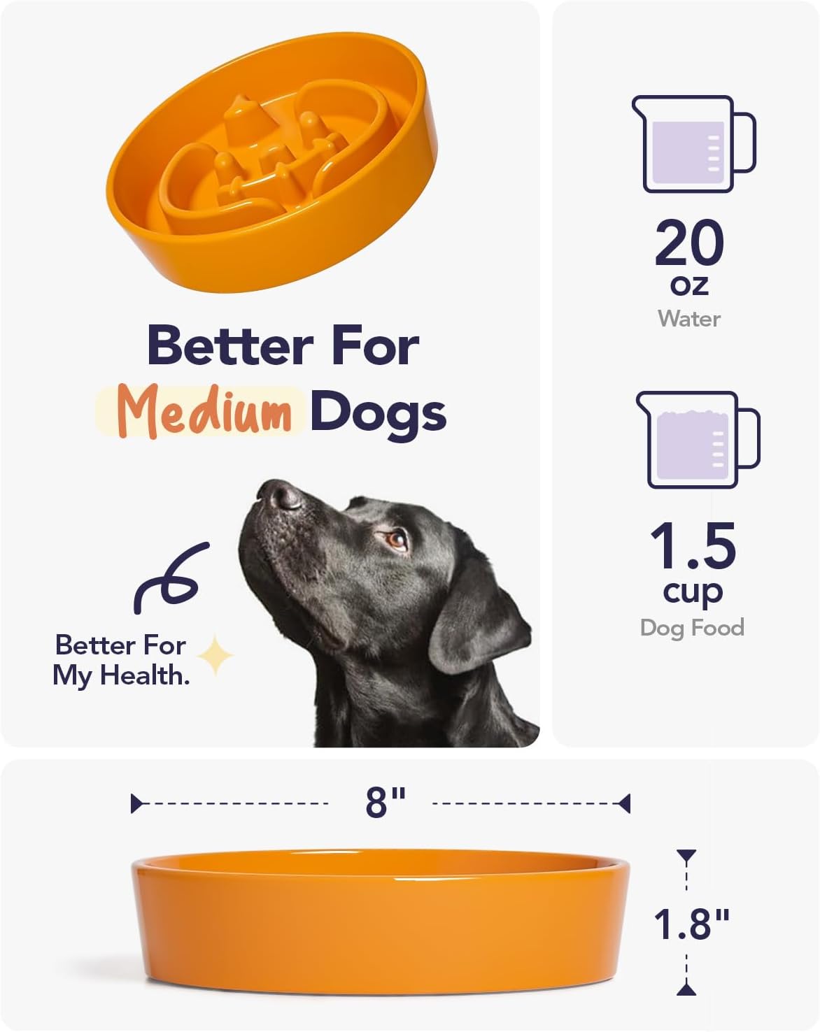 LE TAUCI Ceramic Puzzle Feeder Bowl Raised 1.5 Cup with Wood Stand for Small Medium Dog & Puppy, Fast Eating Food Dish,Pumpkin Orange