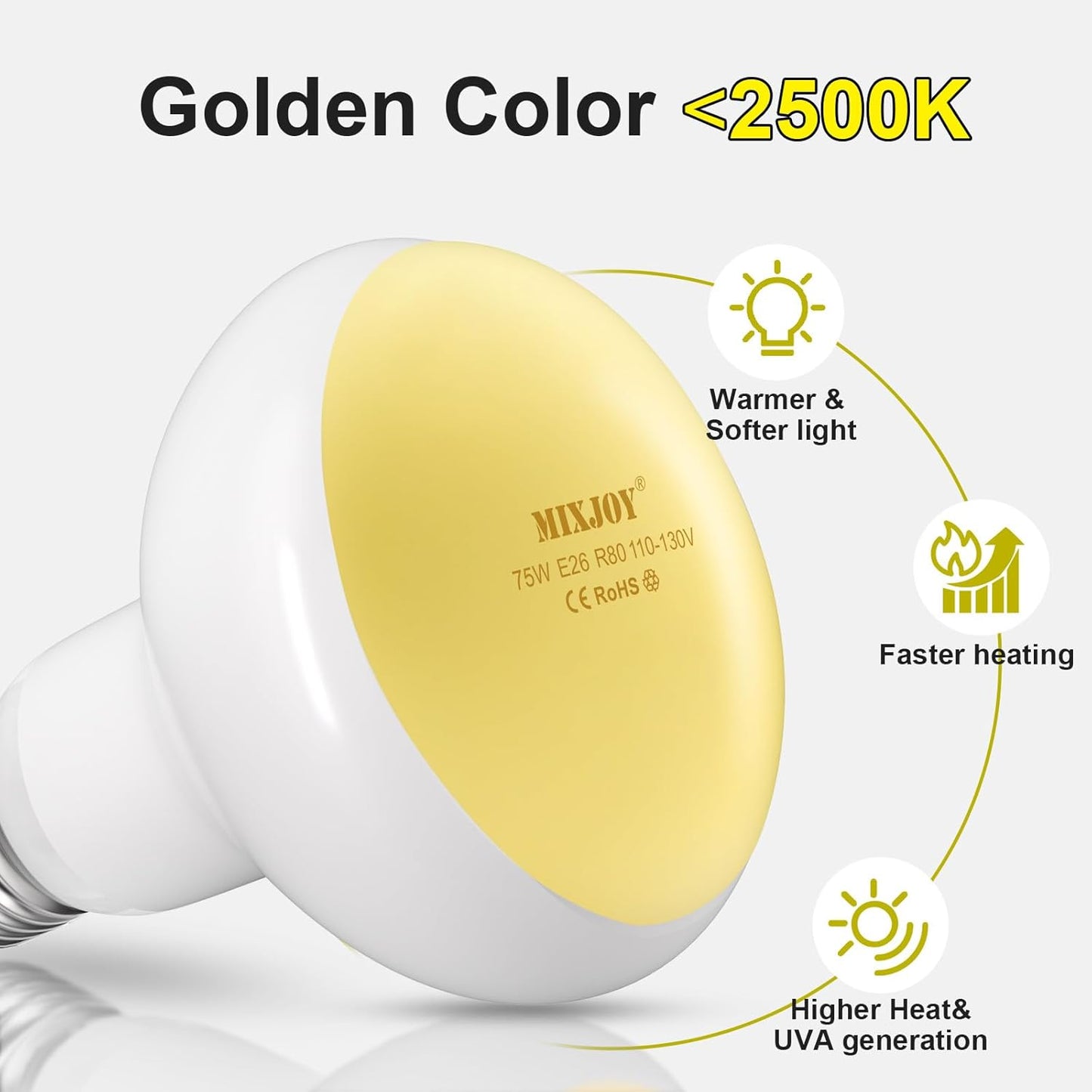 MIXJOY 2Pack Reptile Heat Lamp Bulbs 75W, 60% Intense Heat Bulb UVA Daylight Basking Spot Bulb for Reptiles, Turtle, Lizard, Tortoise, Bearded Dragon, Gecko, Chicken