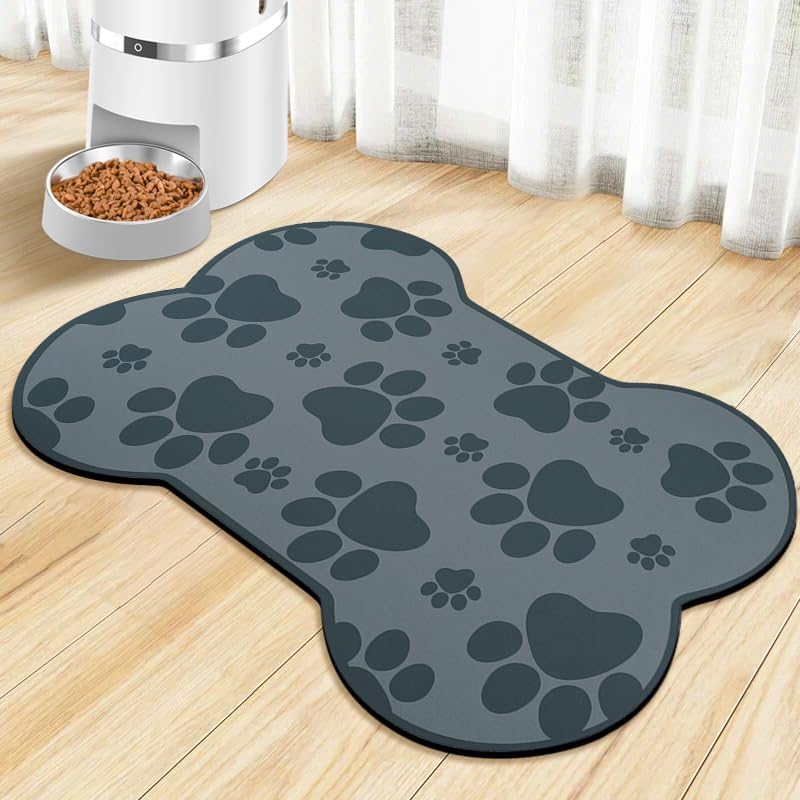 Dog Food Mats for Floors Waterproof, Pet Feeding Absorbent Water Bowl Mat Cat Placemats Gray Bone Shape 25.5 * 17 inch