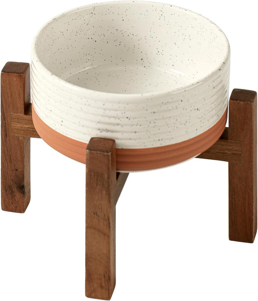 Ceramic 6.1inch Raised Dog and Cat Bowl Set, 2 Heights Elevated Wooden Stand for Small Breed Dogs, Weighted Pet Food and Water Dishes(6.1'',28.7oz, Vanilla White)
