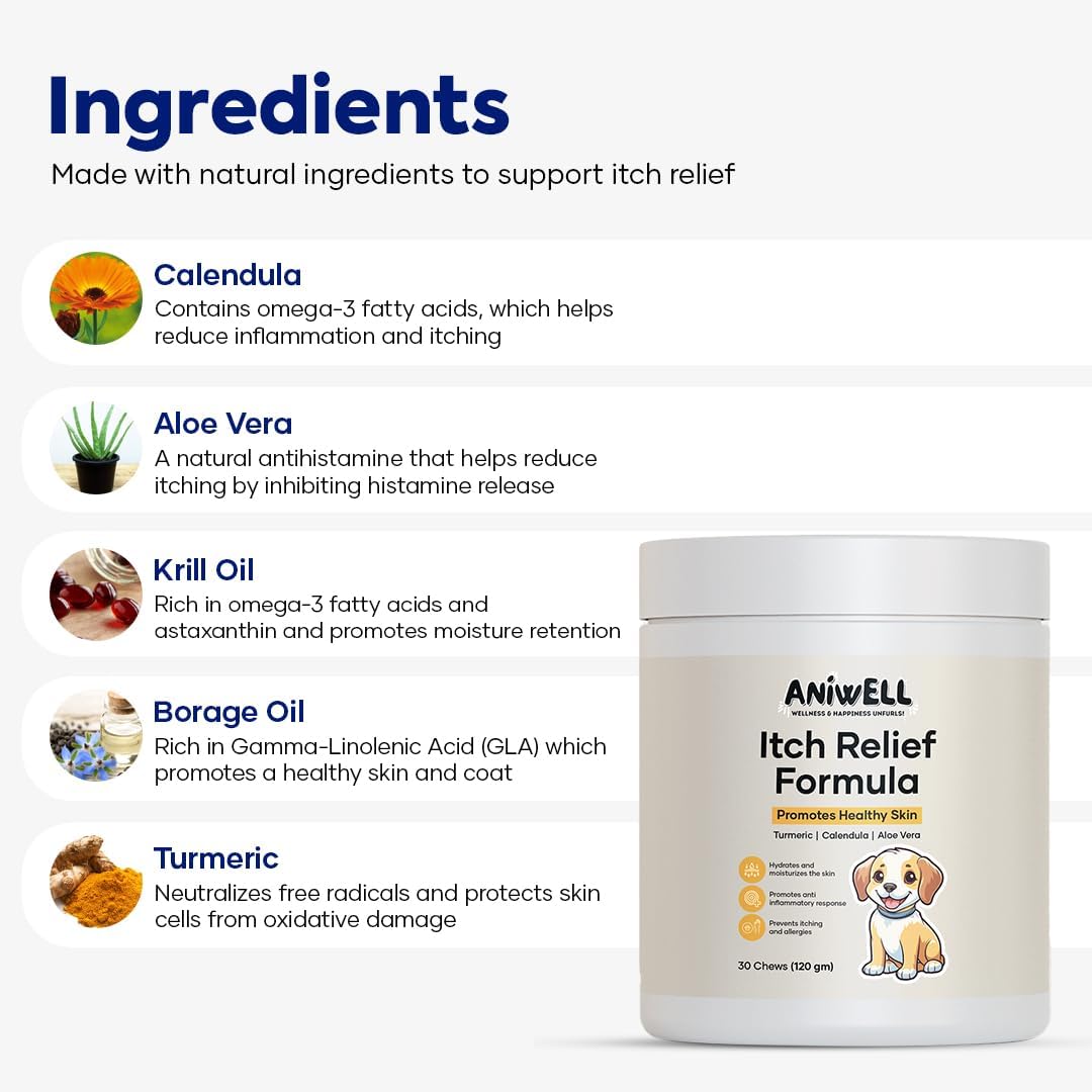 Itch Relief Chews for Dogs – Vitamin E & Borage Oil Supplement – Packed with Beneficial Fatty Acids for Healthy Skin – Seasonal Allergies Support