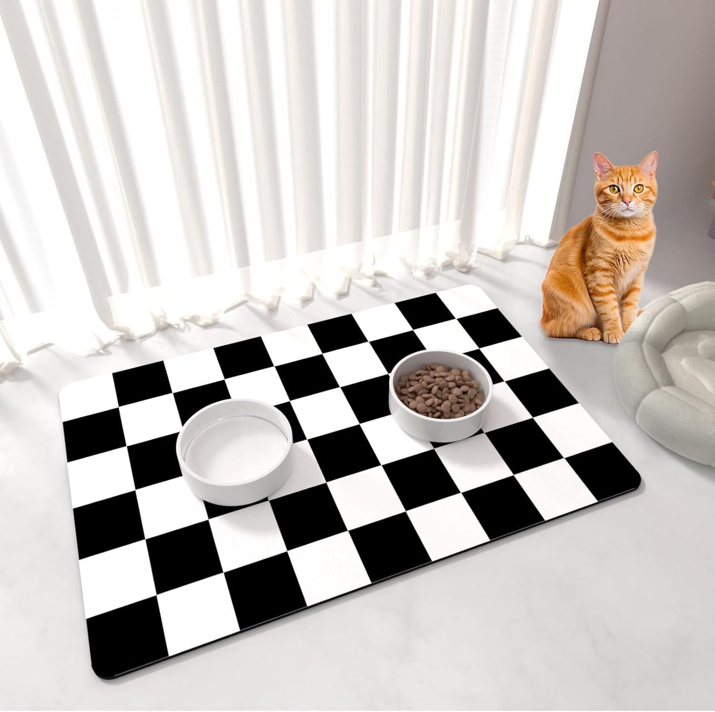 Cat Food Mat - 12"x 20" Cat Dog Mats for Food and Water Bowl, Checkered Pet Placemat Feeding Mat, Non-Slip Under Pet Bowls Mats for Messy Drinkers, Black & White