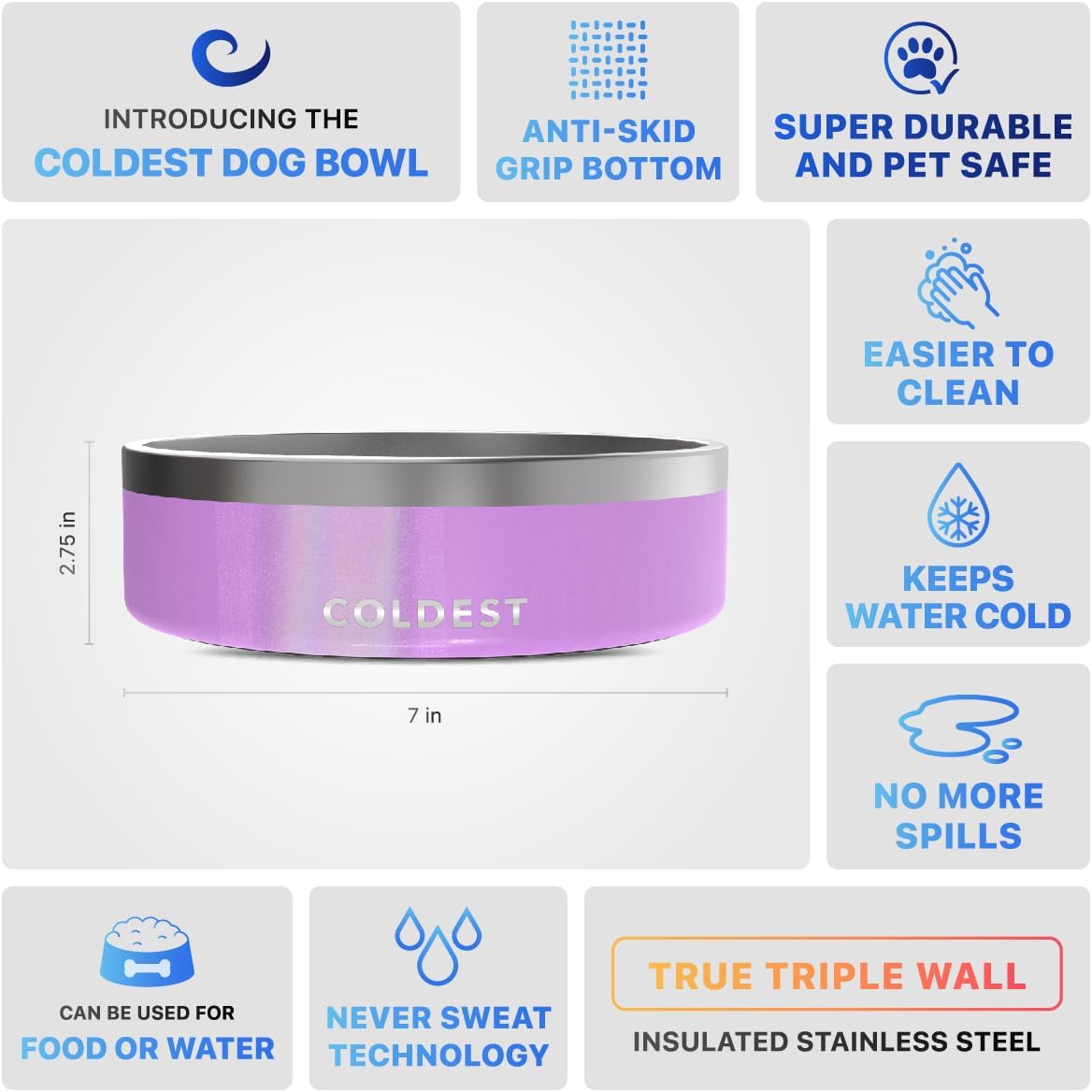 Coldest Dog Bowl - Anti Rust Metal, Non Slip, 3 Layers Insulated Stainless Steel Dog Bowls - Spill Proof & Heavy Duty - Water Bowl for Dogs, Cats, Dish Washer Safe (42 oz, Saturns Purple Glitter)