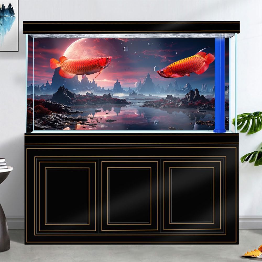48X18IN Cosmic Spaceterrarium Background, Cool Parallel Space Themed Aquarium Reptile Habitat Background, Red Moon Aquarium Background with 10EVA Double-Sided Tape