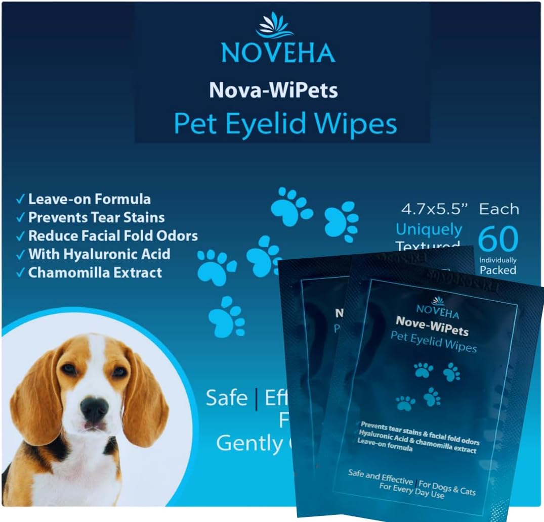 NOVEHA Dog Eye Wipes, Gentle Tear Stain Remover, Eye Hygiene, and Allergy Relief (60 Counts)