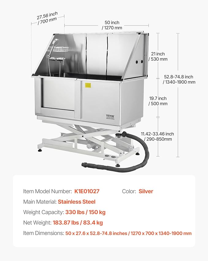 VEVOR Electric Lift Dog Washing Station, 50 inch Professional Stainless Steel Pet Grooming Tub w/PE Water Filter Board, Faucet & Showerhead Dog Bathtub Washing Sink for Multiple Pets (Left Door)