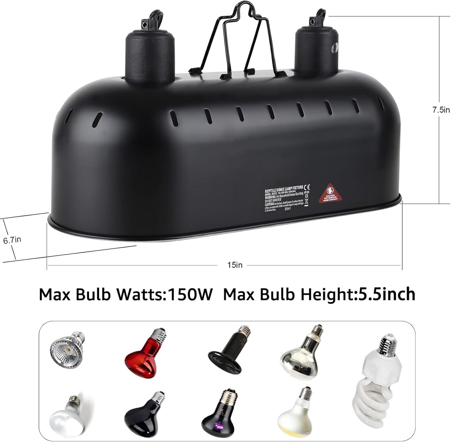 DXOPHIEX 15 inch Dual Reptile Light Fixture, Max 150W Dual Dome Reptile Heat Lamp with 100W Basking Bulb&Infrared Heat Lamp, UVB Light Fixture for Terrarium and Tortoise Habitat