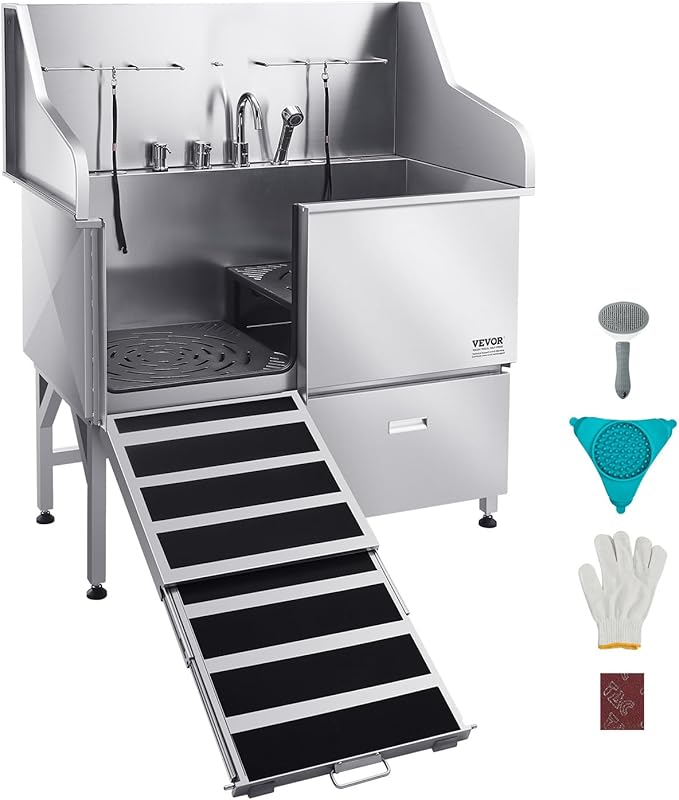 VEVOR Professional 304 Stainless Steel Dog Bathing Station, 50 inch Pet Grooming Tub w/Anti-Slip ramp, Storage Drawer, Cold Hot Faucet Showerhead, for Large & Medium & Small (Left Door, with Drawer)