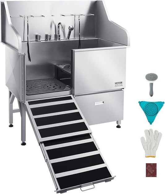 VEVOR Professional 304 Stainless Steel Dog Bathing Station, 50 inch Pet Grooming Tub w/Anti-Slip ramp, Storage Drawer, Cold Hot Faucet Showerhead, for Large & Medium & Small (Left Door, with Drawer)
