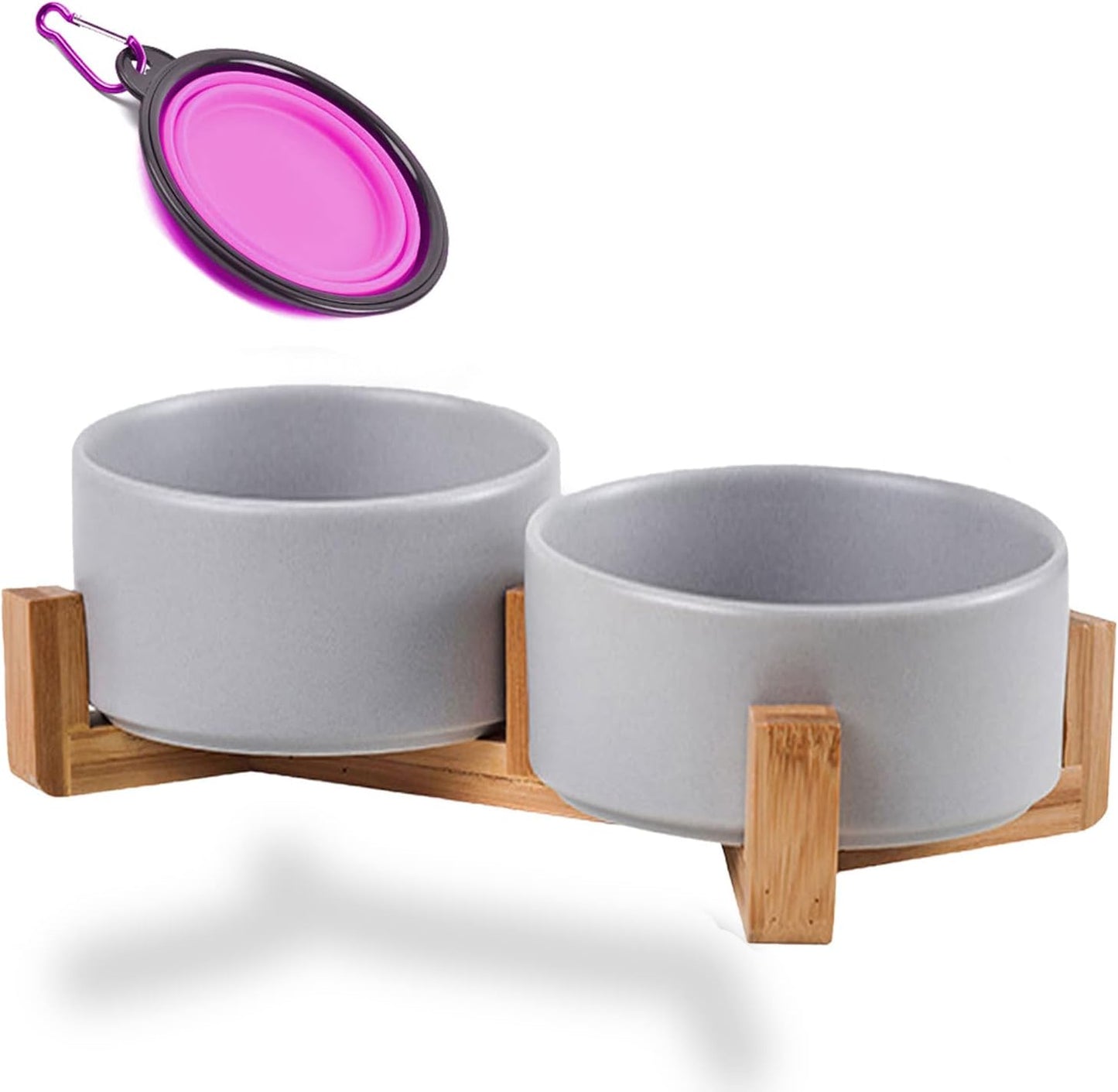 Petygooing Dog Bowls,Grey Ceramic Cat Dog Bowl Set with Wood Stand for Food and Water,Non-Slip Cute Modern Pet Dish Set for Cats and Medium Dogs (28OZ/6.1 in)